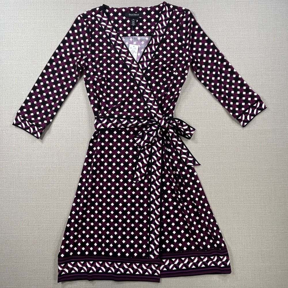 White House Black Market Wrap Dress Burgundy Black Geometric 3/4 Sleeve Size 00